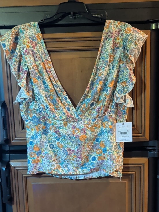 O'Neill Tops - O'Neill Floral V-Neck Ruffle Sleeve Blouse - Blue, Orange, White